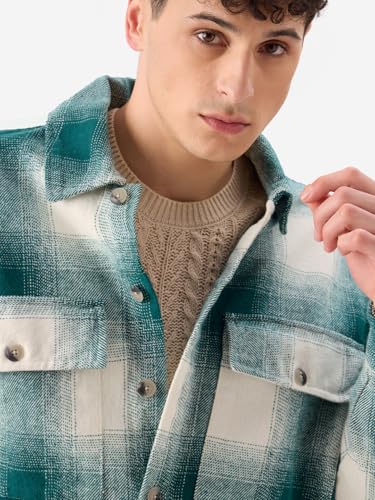 Image of The Souled Store Plaid: Light Emerald And White Men and Boys Long Sleeves Collared Neck Button Front Cotton Oversized Flannel Shackets