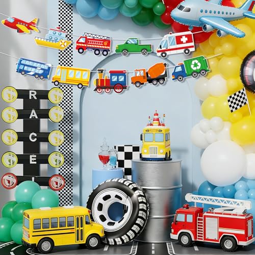 Image of Hooqict Happy Birthday Banner Transportation Birthday Decorations Car Train Truck Bus Plane Ship Traffic Party Banner Garland Sign for Kids Boys 1st 2nd 3rd Transportation Vehicle Theme Birthday Party Supplies