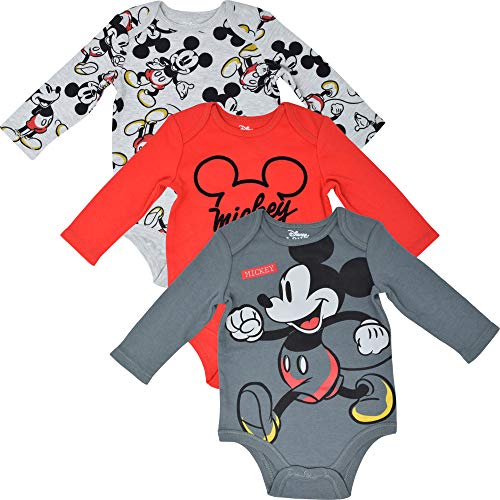 Disney Mickey Mouse Baby Boys Creeper Short Sleeve 3 Pack Bodysuits 0-3 Months Red/Grey