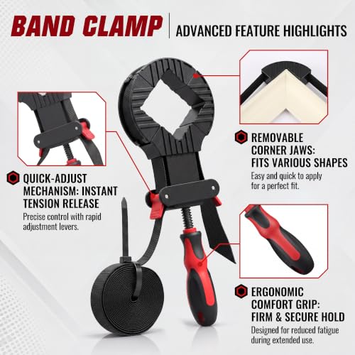 Image of Feekoon 2 Pack 13 FT Belt Band Strap Clamps for Woodworking, Quick Release Band Clamps with 4 Corner Claws, Thick and Sturdy Belt Clamp, Adjustable Picture Frame Clamp Tool (Red)