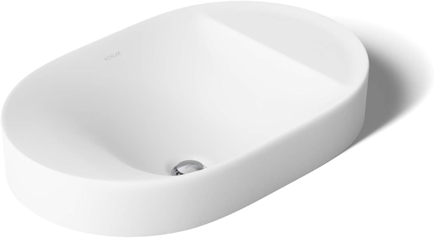 KOHLER 31703-0 Chalice 22-3/4" Oval Vessel Bathroom Sink Bowl with Storage Deck, Above Counter Vanity Sink Basin, with Overflow, No Faucet Holes, White