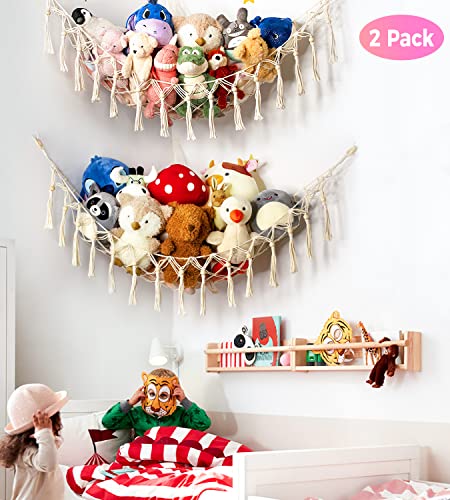 Stuffed Animal Storage 2 Pack - Jumbo Stuffed Animal Net Or Hammock Holder, Kids Toy Organizer Storage Ideas For Corner Bedroom With Led Light, Hanging Net For Plush Pet #TOP1