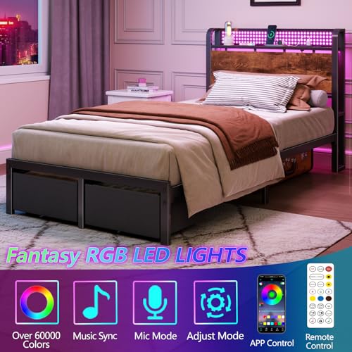 Image of Furnulem Twin Bed Frame with 2 Storage Drawers & Charging Station, Twin Platform Bed Frame with Headboard & LED Lights, No Box Spring Needed, All in One, Easy to Install, Noise Free (500 lbs Capacity)