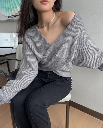 Women Casual V Neck Long Sleeve Sweaters Cross Wrap Off Shoulder Asymmetric Hem Knitted Crop Sweater3