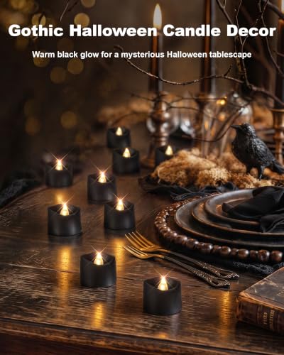 Image of Homemory 24-Pack Black Remote Flameless Battery Tea Light Candles, 400+ Hrs | 2 /4 /6 /8H Timer LED Flickering Tealight Votives for Jack O Lanterns, Halloween Parties, Romantic Dinners and Weddings