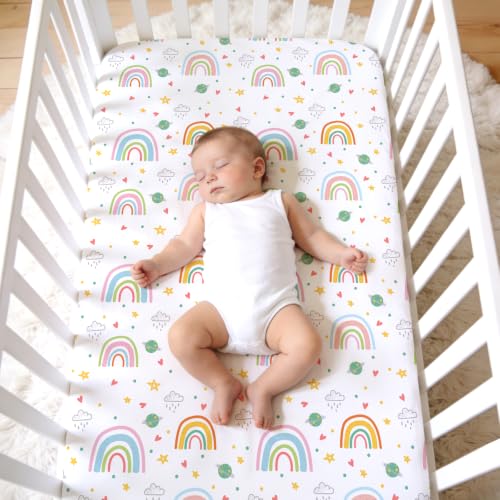 Image of JISEN Baby Fitted Crib Sheets for Boys Girls 52x28 Inch White Rainbow