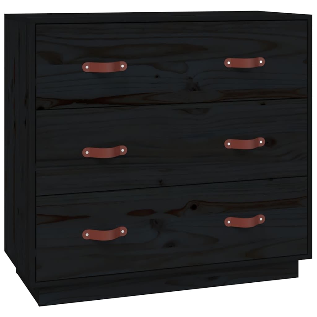 Aparador negro de pino macizo con 3 cajones y diseño robusto de 80x40x75 cm 1