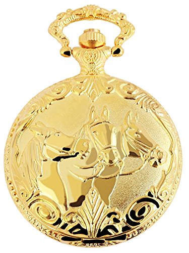 Flair Analog Reloj de bolsillo con cadena de metal y cierre de gancho en diseño de caballos 480802000078 Oro Coloreado Carcasa en tamaño 46 mm x 15 mm con esfera de color blanco y cristal mineral.
