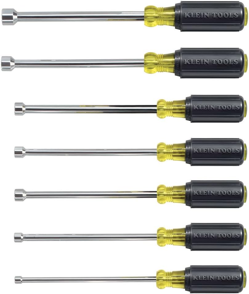 Klein Tools 647 Tool Set, Nut Drivers Sizes 3/16, 1/4, 5/16, 11/32, 3/8, 7/16, 1/2-Inch, Chrome-Plated 6-Inch Shafts, Cushion Grip, 7-Piece