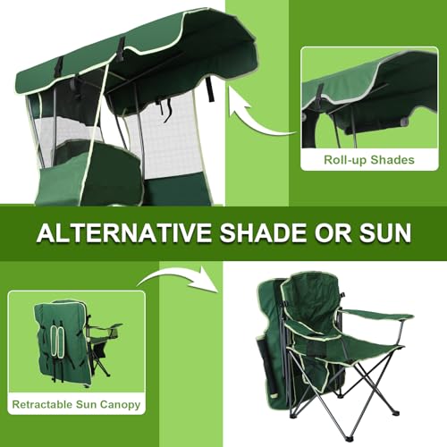 Image of Folding Canopy Beach Camping Chairs for Adult 2 Pack, Portable Outdoor Chairs with Sunshade,Cup Holder & Side Pocket for Camping, Fishing, Beach, Backyard, Green