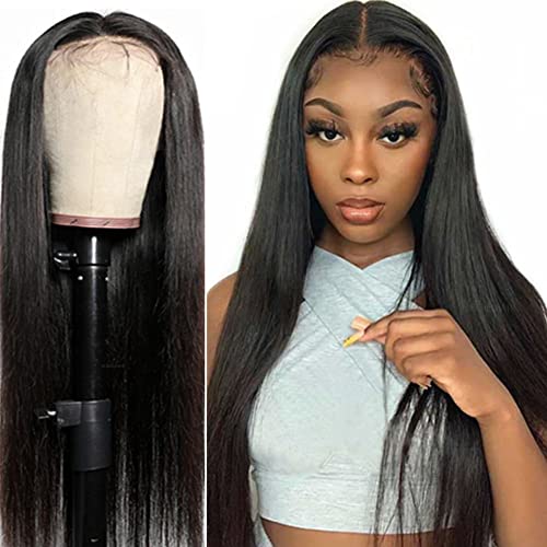 DELHELHAIR Silky Straight Brazilian Virgin Lace Front Wigs Remy Human Hair for Black Women HD Transparent Glueless Straight 4x4 Lace Closure Wigs Pre Plucked with Baby Hair (16Inch, Natural Black)