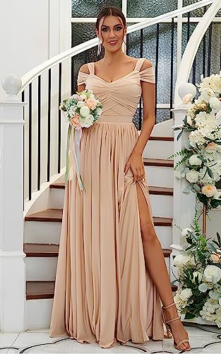 Bridesmaid Dresses for Women: SOLODISH Off-the-Shoulder Chiffon Pleated A-Line Formal Gown