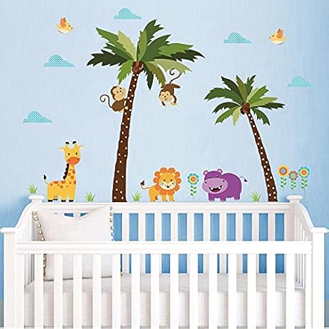 Runtoo Calcomanías de pared de animales de la selva Palmera mono jirafa Cover