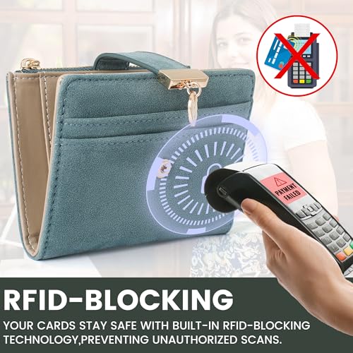 Image of Pomelo Best Wallet Women Bifold Leather Wallets for Women Credit Card Holder with ID Window Zipper Coin Pocket Suede Blue
