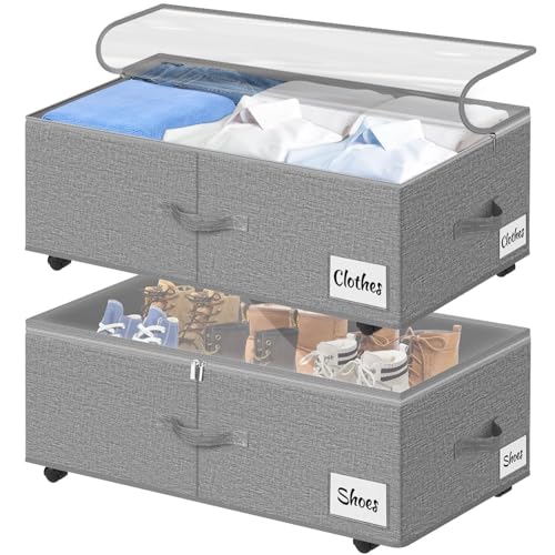 Image of Under Bed Storage with Wheels, 2-Pack 10 inch Height XXL 75L Rolling Storage Bins, Quick Assembly Underbed Shoe Storage Containers with Clear Lid & Label, Dorm Under Bed Drawers for Clothes, Shoes, Black