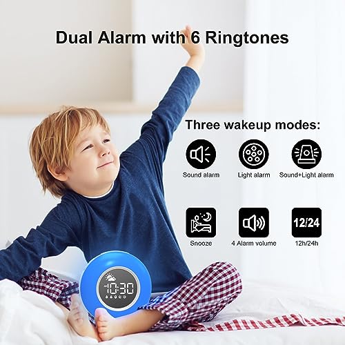 Kids-Alarm-Clock-for-Bedrooms-Toddler-Sleep-Training-Clock-with-Night-Light-Sound-Machine-Dual-Alarm-Dimmable-Children-Wake-Up-Clock-Birthday-Gift-Ideas-for-3-4-5-6-7-8-9-10-11-12-Girls-Boys