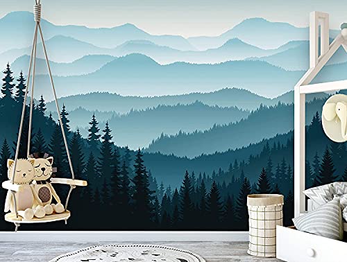 Image of Removable Peel 'n Stick Wallpaper, Self-Adhesive Wall Mural, 3D Mountain Mural Wallpaper, Nursery • Ombre Blue Mountain Pine Forest Trees (24" W x 144" H Inches)
