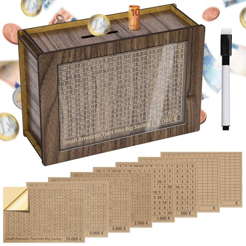 Alyvisun Spardose Holz mit Marker Aufklebern, Sparbüchse mit Zähler 5000€ Wiederverwendbare...