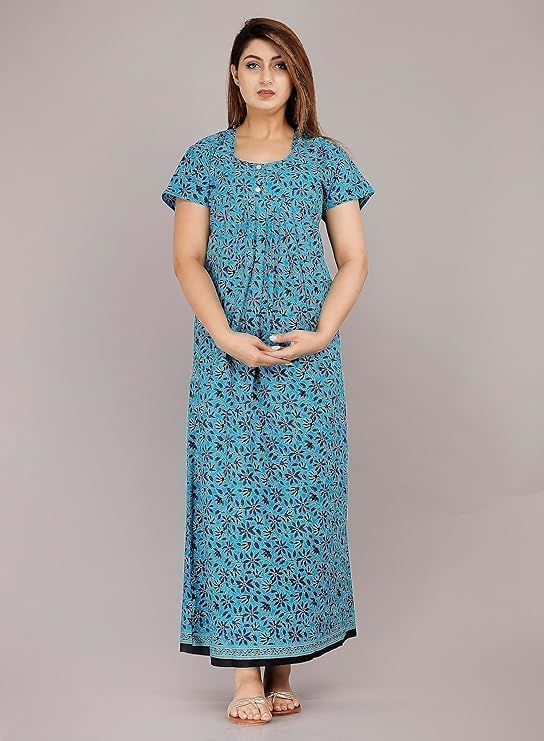 Image of NILOUFO Women's Cotton Printed Maxi Nighty - Pack of 2 | Soft Ankle-Length Sleepwear Gowns for Women | Free Size Night Dresses (Blue,Brown1, Free Size)