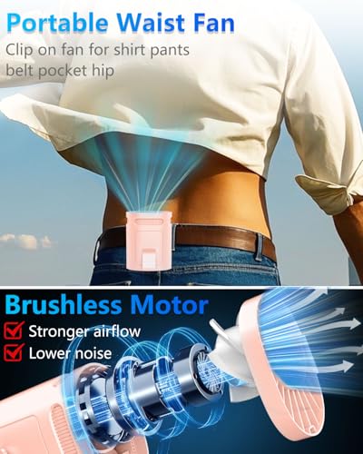 Image of Clip On Fan for Shirt Belt Pants-Compact Portable Waist Fan Battery Operated,Wearable Undershirt Back Hip Hardhat Body Fans that Blow Cold Air,Hanging Necklace Fans with Strap for Outdoor Indoor Pink
