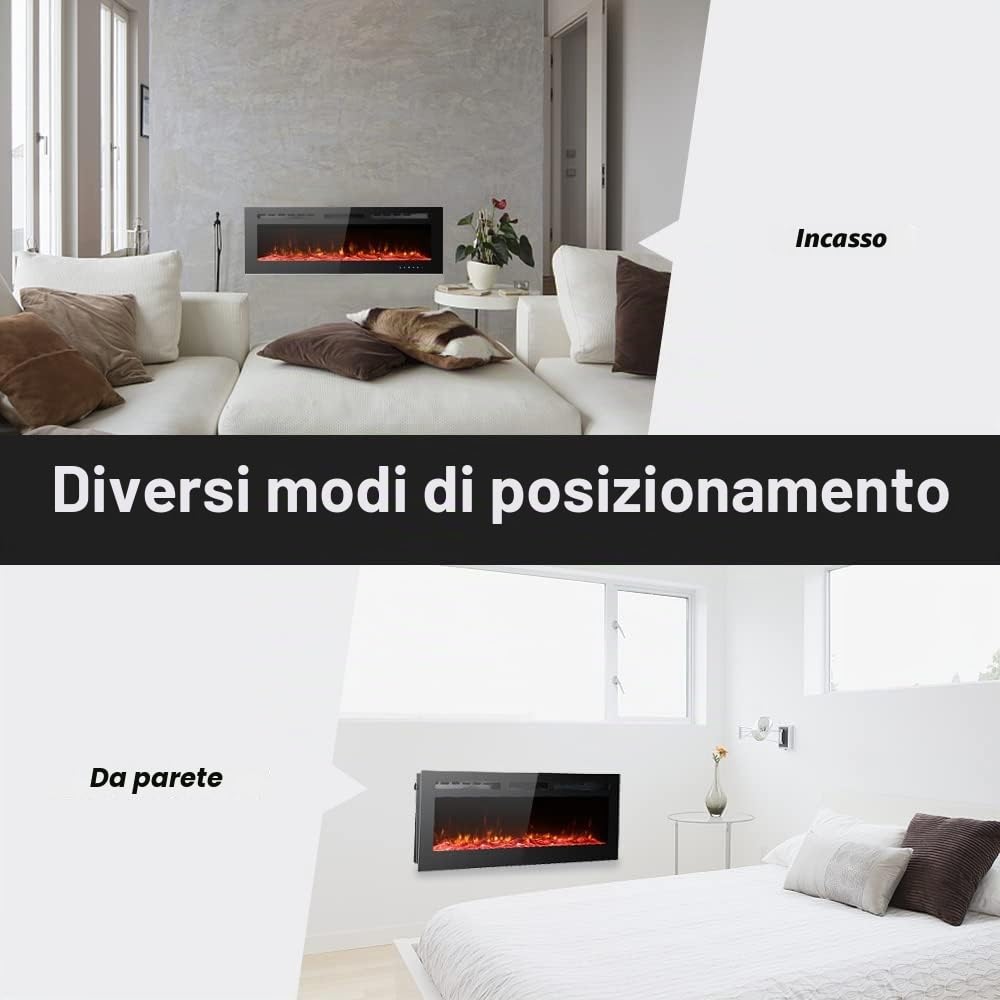 M.C.Haus Camino Elettrico Ultra sottile, Silenzioso, 12 Diverse Fiamme, Montaggio a Parete a Incasso, Touchscreen in Vetro e Telecomando, con Cristallo e Tronco di Legno(127cm/50inch, Nero)