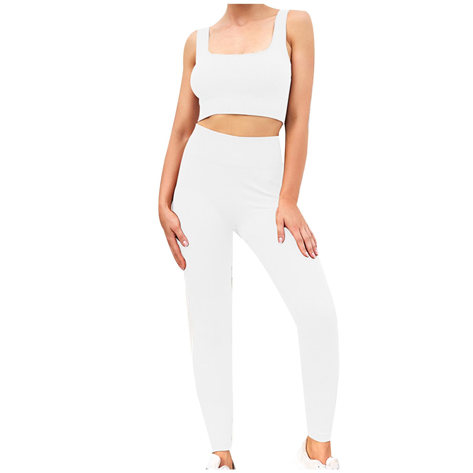 Casual Workout Sets for Women Two Piece Yoga Seamless Sweatsuit Ribbed Crop Tank Top Legging Pant Outfits Active