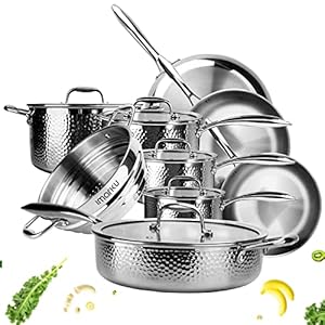 imarku Stainless Steel Pots and Pans Set, 14-Piece Tri-Ply Hammered Stainless Steel Cookware Set, Professional Induction Kitchen Cookware Sets, Oven Dishwasher Safe, Non Toxic PFAS Free, Silver