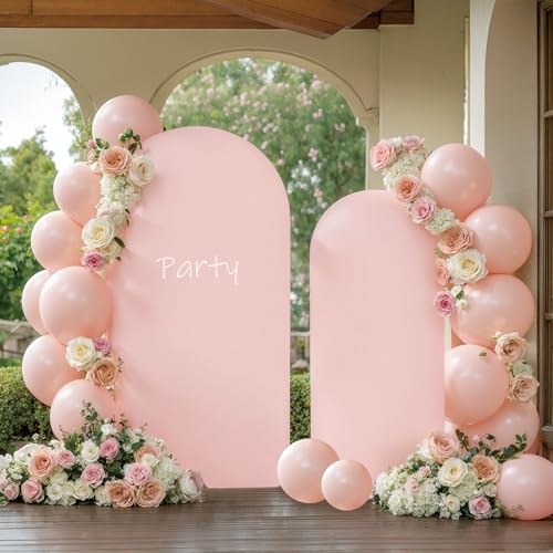 Image of Pink Arch Cover 2 Set - 7.2 and 6ft Pink Arch Backdrop Cover Spandex Wedding Arch Stand Covers for Birthday Party Baby Shower Girls Bridal Shower Photo Balloon Arch Covers Stretchy Backdrop Background