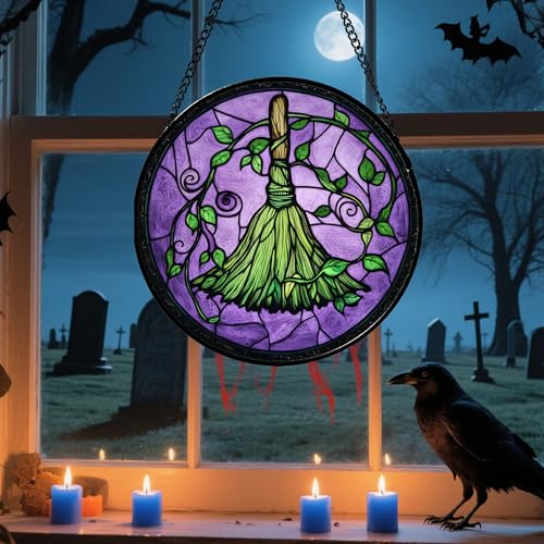 Image of Stained Glass Window Hanging - Halloween Decorations Witch Magic Broom Suncatcher for Doors Garden Indoor Funny Spooky Sun Catchers Gothic Decor Horror Gifts for Women Men Friend 7.8 in