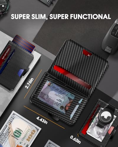 GAOCHALE AirTag Wallet for Men RFID Technology Credit Card Holder with Money Clip Slim Smart Pop Up Minimalist Wallet for Apple AirTag (No Airtag Included)(Carbon)3