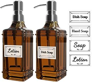 ACCL Glass Soap Bottle with Stainless Steel Pump, 12 Oz Versatile Refillable Liquid Hand Jar Dispenser for Bathroom, Countertop, Kitchen, Laundry Room with 8 Waterproof Labels, Brown