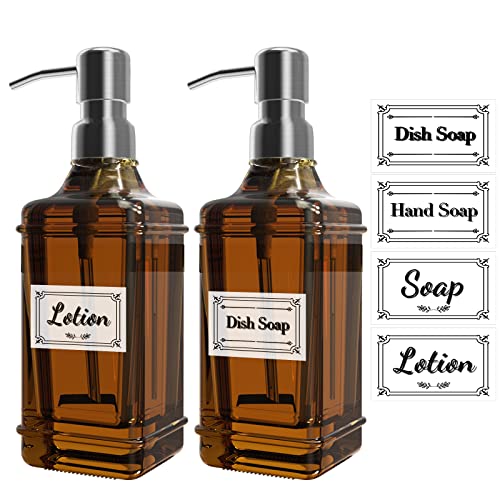 ACCL Bouteille de Savon en Verre avec Pompe en Acier Inoxydable, Distributeur Polyvalent de 355 ML pour Salle de Bain, comptoir, Cuisine, buanderie avec 8 étiquettes étanches, Marron Cover