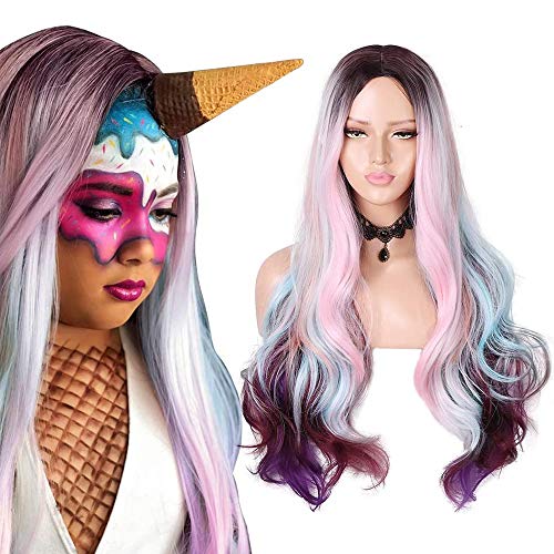 Fani 24 Inch Colorful Curly Wig for Women Laides Female Rainbow Multi Color Long Wavy Wigs Middle Part Synthetic Wigs for Cosplay Party Wearing
