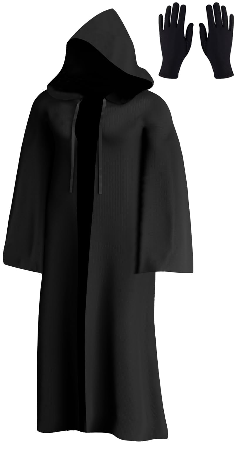 Schwarzer Vampir Umhang Mit Kapuze & Maske - Halloween Kostüm Für Erwachsene | Unisex Mittelalter Umhang