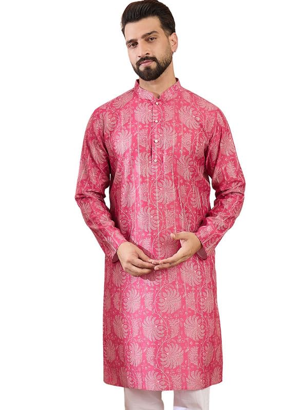Mens Pink Silk Blend Floral Print Design Calf Length Kurta Set | Men'S | Floral Printed Kurta's Sets For Men | Straight Fit Kurtas Set For Men's (MKSET1972, L)-image-10