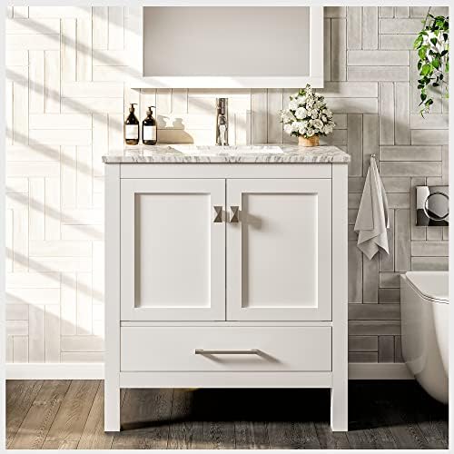 Eviva London Bathroom Vanity with Sink 30 Inch x 18 Inches - Mid-Century 30 inch Bathroom Vanity with Sink - Transitional White Bathroom Vanity with Sink Countertop for Contemporary Bathroom