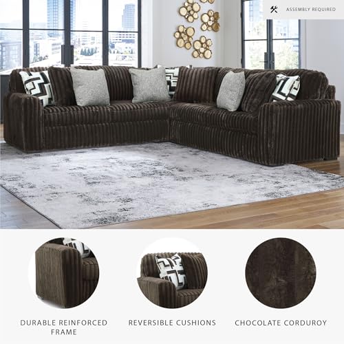 Image of Signature Design by Ashley 5-Piece L-Shaped Sectional Couch, Chocolate | 100% polyester jumbo corduroy, 122 in L-shaped couch, Anti sag platform foundation, Midnight-Madness Series