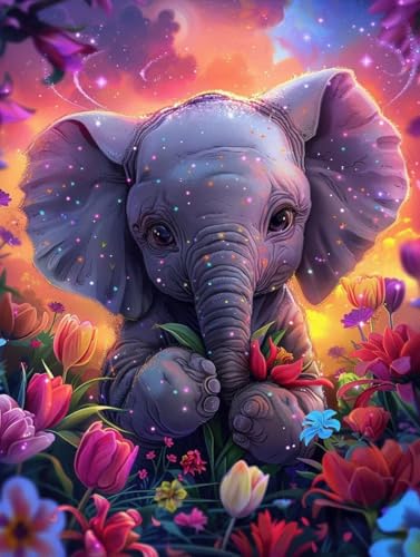 Pintura por números adultos de elefante y flor 100x130cm manualidades sin marco