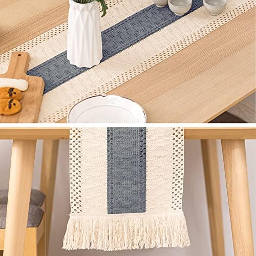 Table Runner with Tassels Cotton Hessian, Splicing Cotton Linen Table Runners, Soft Table Runner for Festive Wedding Table Decoration (Navy blue, 30 x 180 cm)