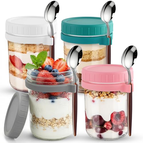Otauoaea Pack de 4 Tarros de Cristal con Tapa - 400ml Overnight Oats Jar Glass con Marcas de Medida y Cuchara - Frascos de Vidrio Herméticos - Tarros para Avena Nocturna, Chía Pudding y Ensaladas