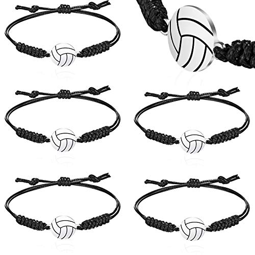 6 Pieces Volleyball Rope Bracelet Adjustable Woven Bracelet Volleyball Charm Bangle Bracelets Volleyball Sports Player Bracelets for Women Men Volleyball Team, Black