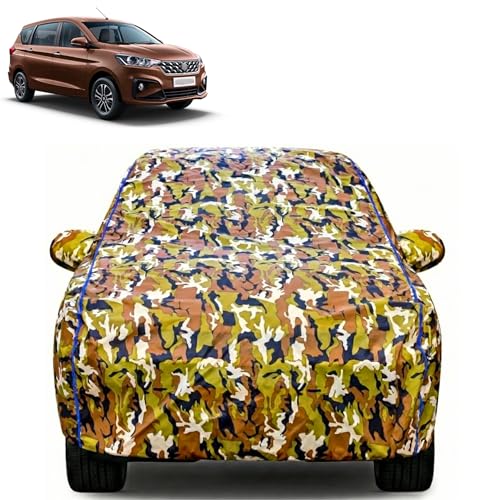 Image of Waterproof Car Body Cover for Maruti Suzuki New Ertiga with Mirror Pocket| Cotton Inner Lining | Triple Stitched | All Weather Protection | Dust, UV & Rain Proof (Camouflage with Blue Piping)