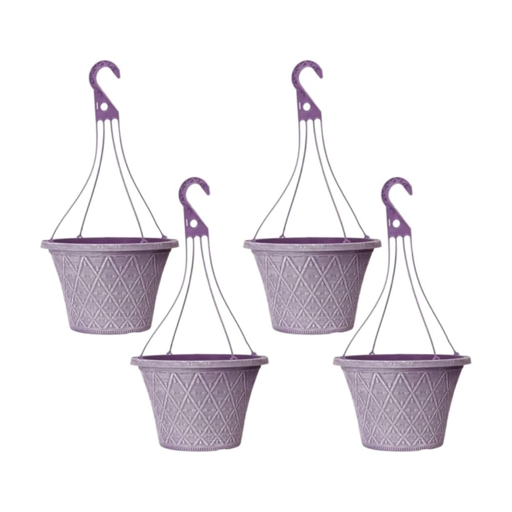 Shopior Purple Prisma Hanging Basket - Decorative Round Garden Flower Plant Pot | Flower Outdoor Decorative Planter – Weatherproof Plastic With Drainage Holes –For Gardens & Balconies (Powdered Raisin - 30Cm, 4Pack)