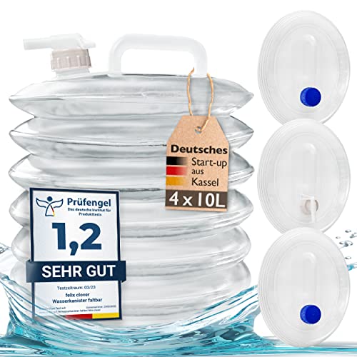 felix clover 4x10 L Wasserkanister faltbar lebensmittelecht & BPA Frei Stabiler Griff & Dosierhahn auslaufsicher Camping Outdoor Wohnmobil Festival Trinkwasserkanister...