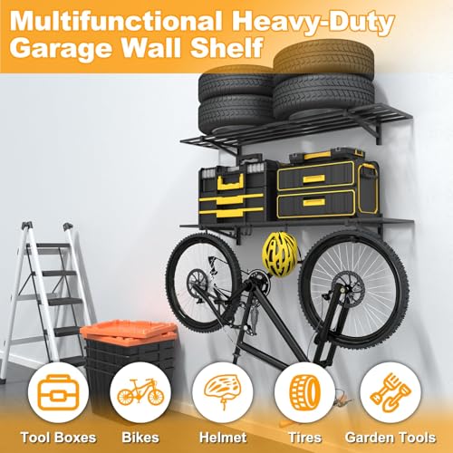 Yaciente 2-Pack 1×4ft Steel Wall Mounted Garage Shelves with Hooks, 300LB Each Heavy Duty Shelving for Garage Storage & Organization