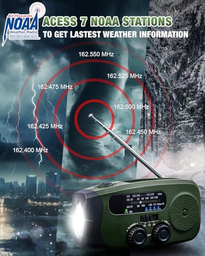Image of Hand Crank Radio with AM /FM /NOAA Weather Bands,for Emergencies, Camping | 3 LED Flashlights,SOS Function,Solar Powered,Hand Cranked, 2000mAh /7400mWh Charger,for Power Outage - Olive Green