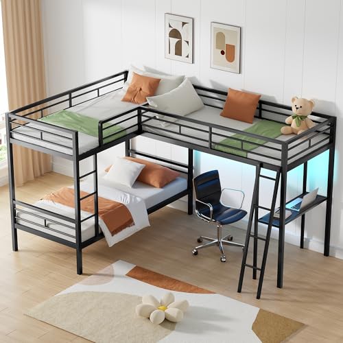 PVWIIK L-Shaped Triple Bunk Bed w/Desk & LED Lights for 3 Kids Adults,Metal Frame with Built-in Ladder & Full-Length Guardrails,Easy to Assemble,Space Saving, Black
