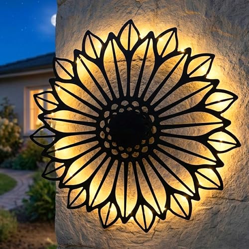 Spetebo Solar Wandbild Sonne in schwarz mit 39 LED - 38 cm - Metall Wanddeko für Außen warm weiß beleuchtet - Garten Deko Wand Beleuchtung Wandleuchte Gartenleuchte Dekoleuchte Stimmungslicht