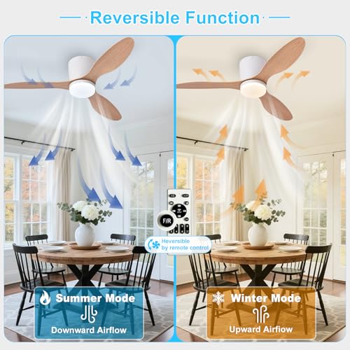 Image of Depuley Flush Mount Ceiling Fan: 42-Inch White Ceiling Fans with Lights for Bedroom Indoor Outdoor - Low Profile Ceiling Fans with Remote Control 24W 3CCT Dimmable 3 Reversible Wood Blades 6 Speeds