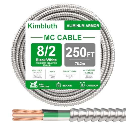 8/2 Metal Clad (MC) Cable with Ground 250ft, 8 Gauge Electric Wire with Aluminum Armor, Solid Bare Copper Conductors for Indoor Outdoor Underground Embedded Installation (8/2, 250 FT)